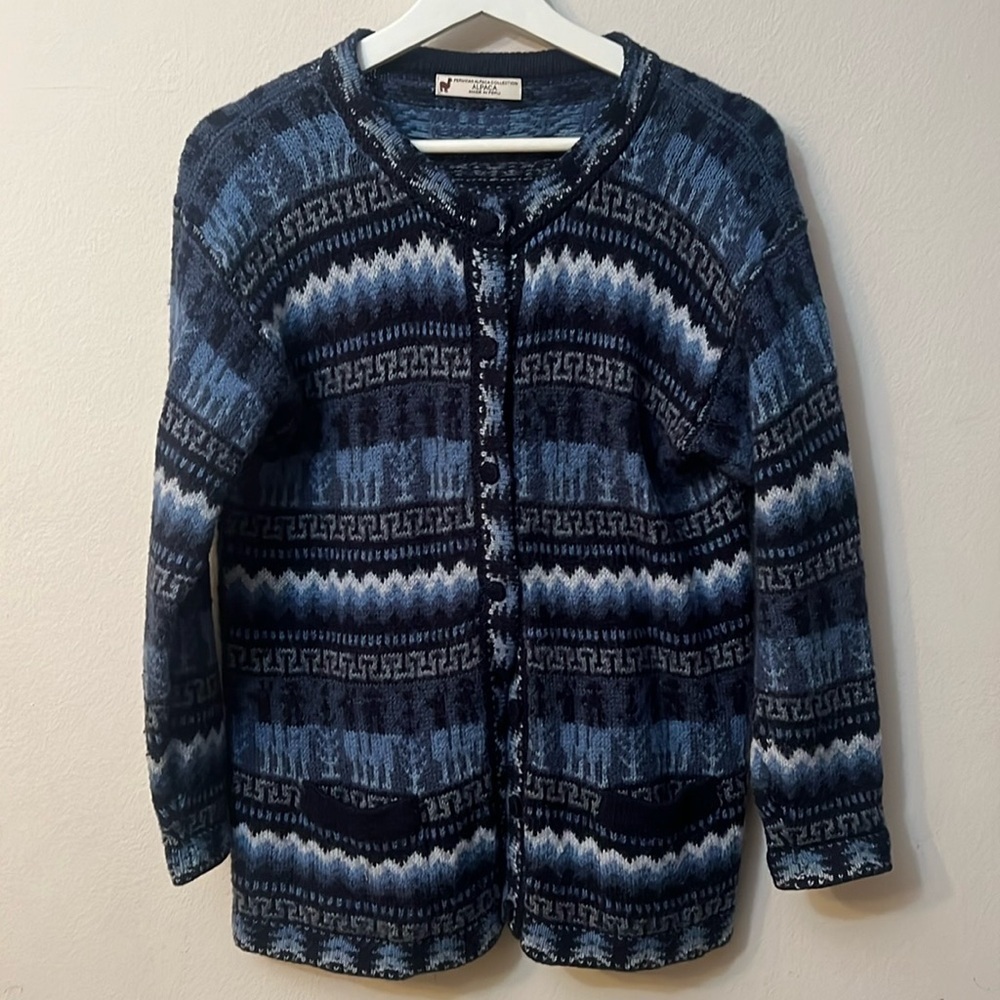 Peruvian Alpaca Connection 100% Alpaca Cardigan Sweater  Boho Tribal blue L/M